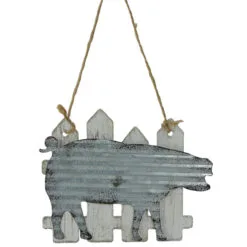 7" Country Rustic Pig And White Picket Fence Christmas Ornament