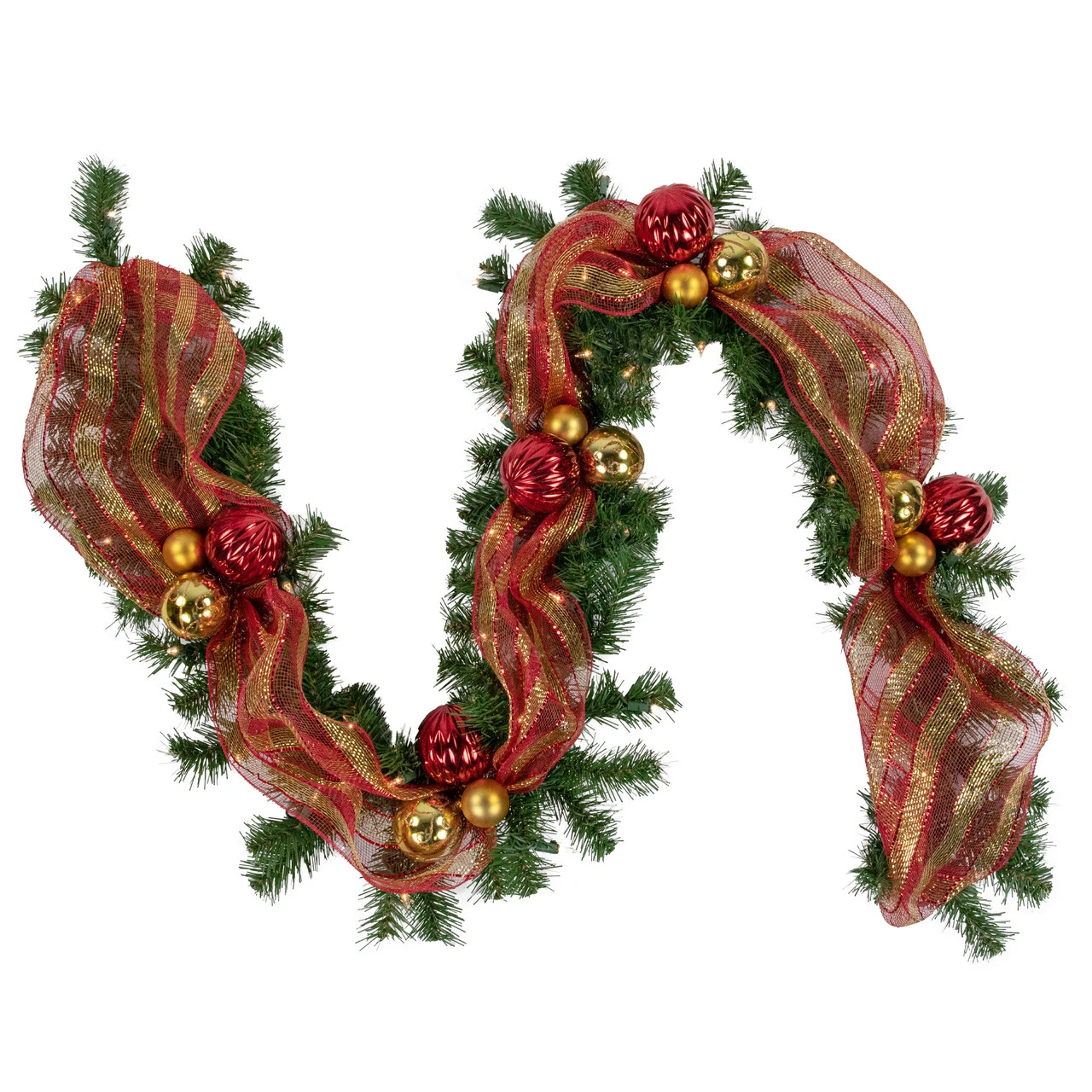 6ft Pre-Lit Decorated Red And Gold Artificial Christmas Garland, Clear Lights