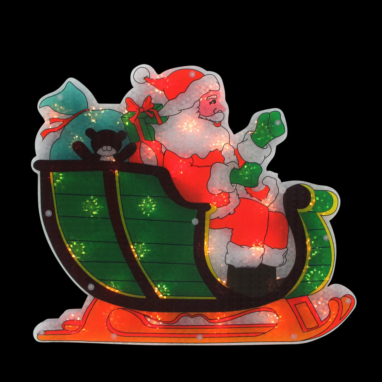 17" Pre-Lit Green And Red Holographic Santa In Sleigh Christmas Window Silhouette Decoration - Image 2