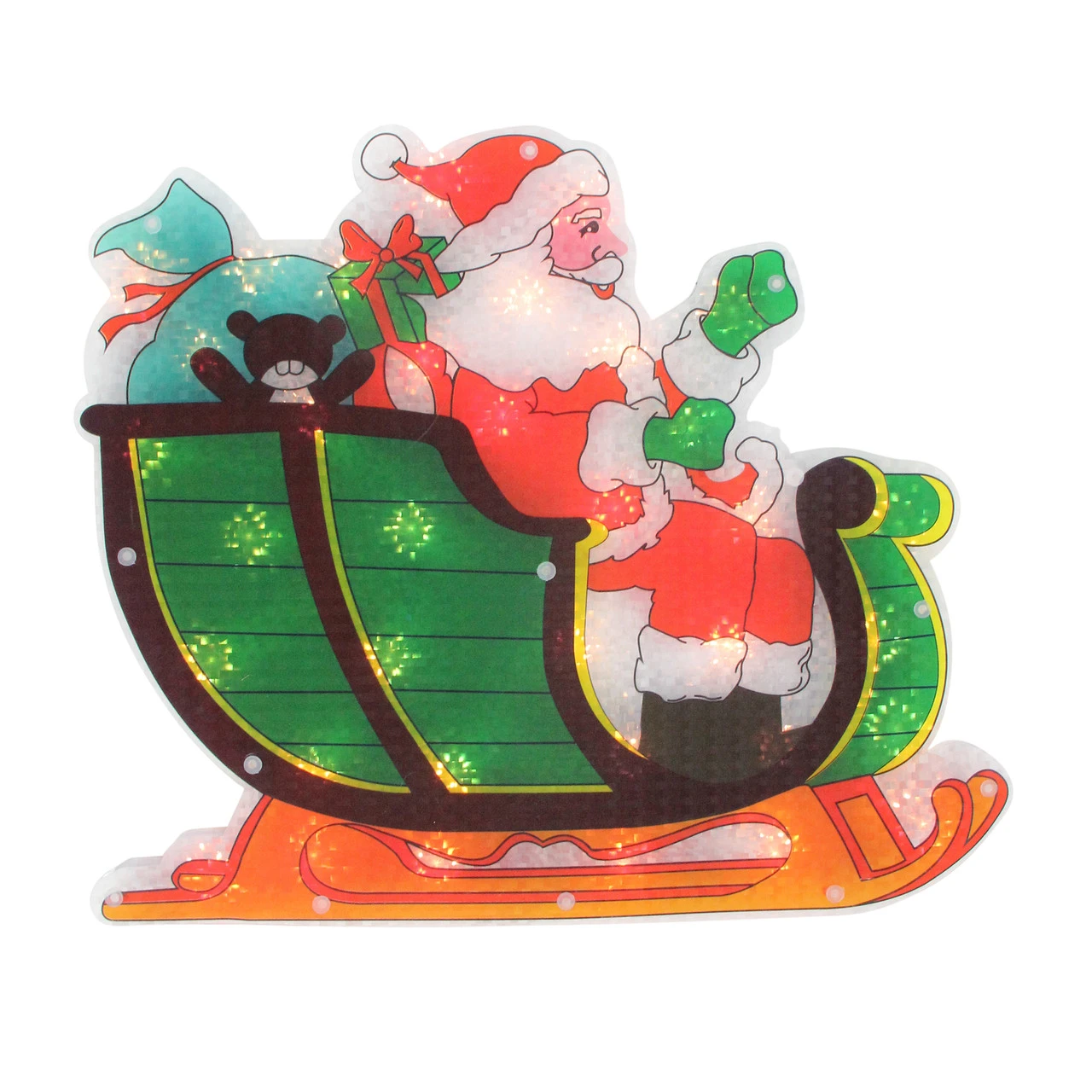 17" Pre-Lit Green And Red Holographic Santa In Sleigh Christmas Window Silhouette Decoration