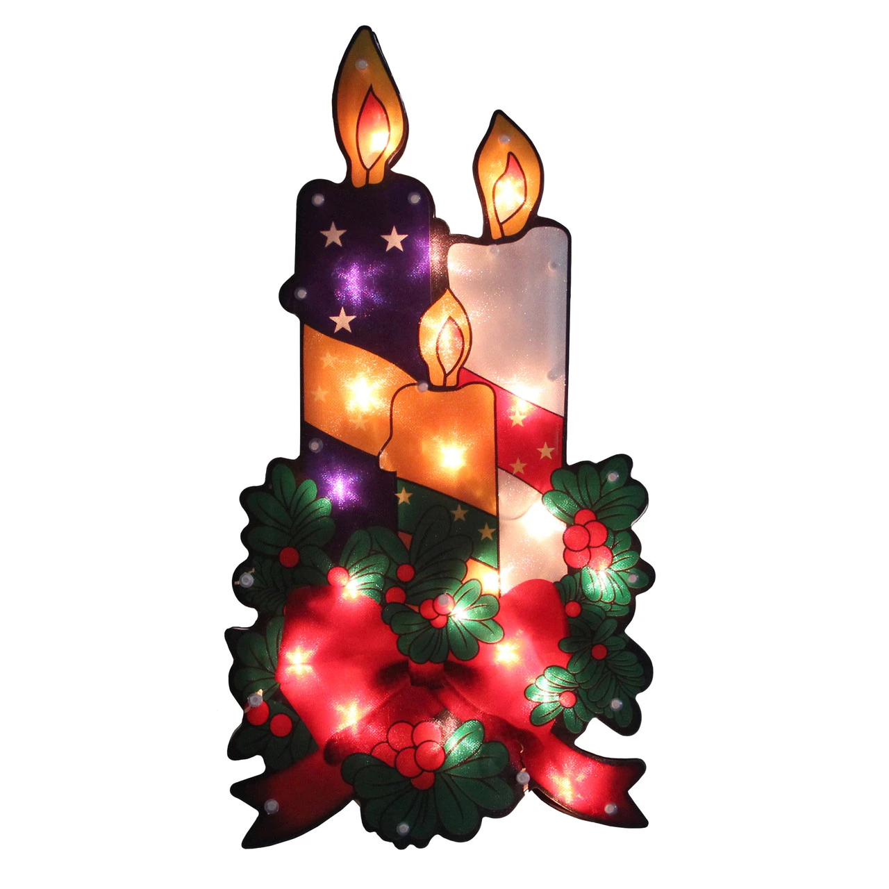 17.5" Lighted Holly And Berry With Candles And Bow Christmas Window Silhouette