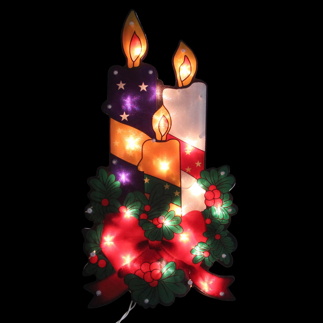 17.5" Lighted Holly And Berry With Candles And Bow Christmas Window Silhouette - Image 2