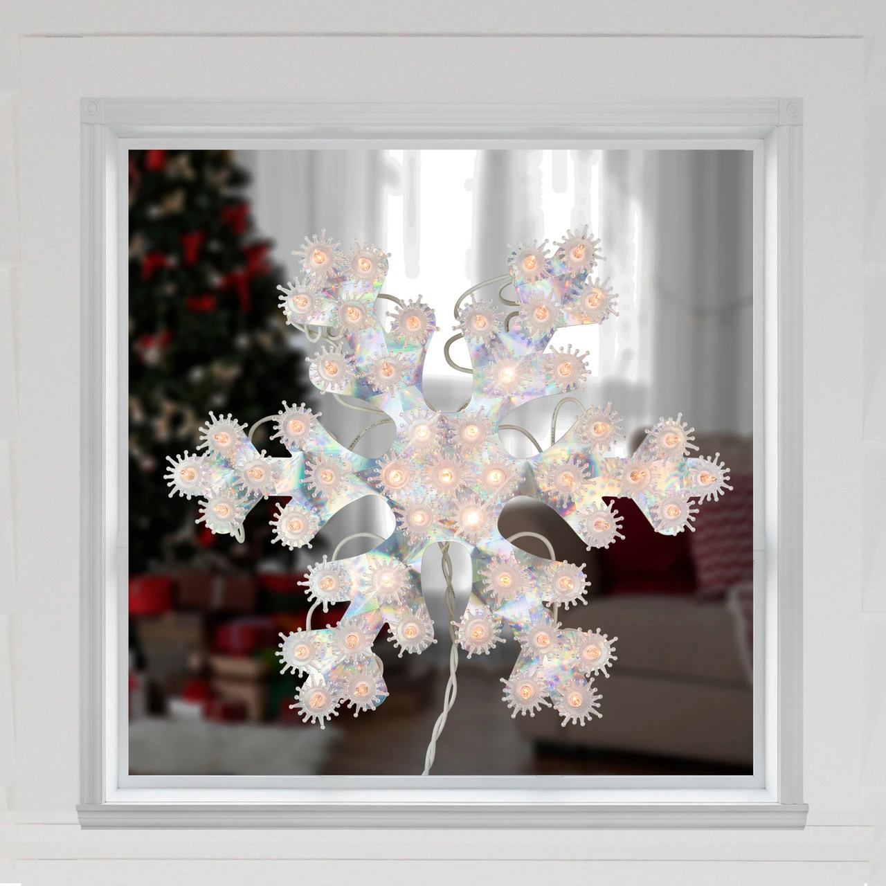 12" Lighted Holographic Snowflake Christmas Window Decoration - Image 2