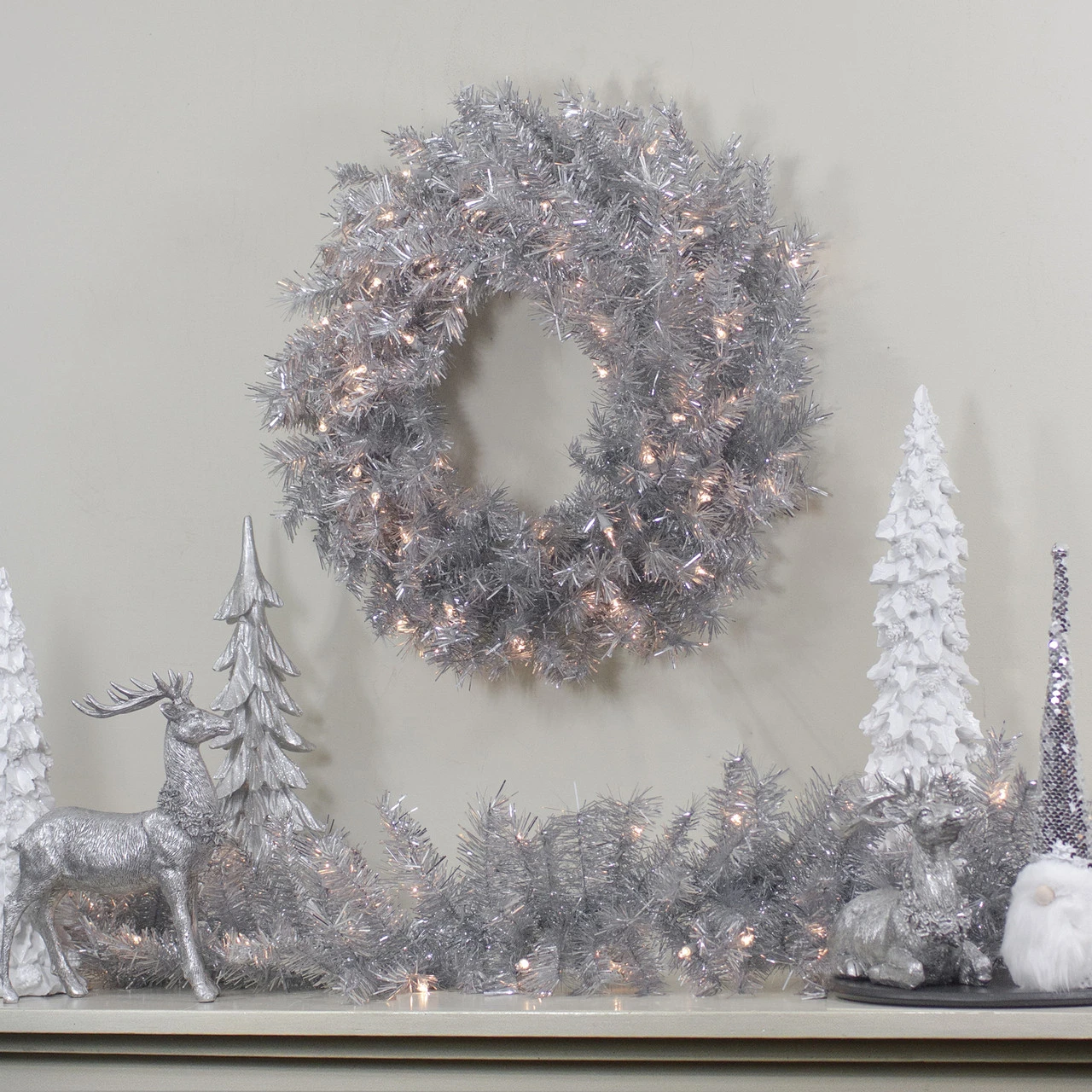 9' X 12" Pre-Lit Silver Tinsel Artificial Christmas Garland, Clear Lights - Image 3