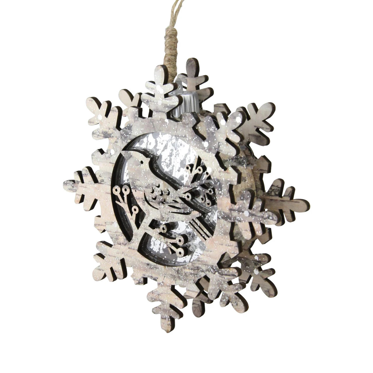 6" Brown And Gray Pre-Lit Snowflake With Bird Christmas Ornament - Image 2