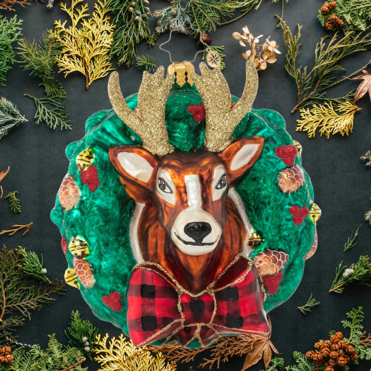 Christopher Radko Rustic Reindeer Wreath Glass Christmas Ornament 1021164 - Image 2