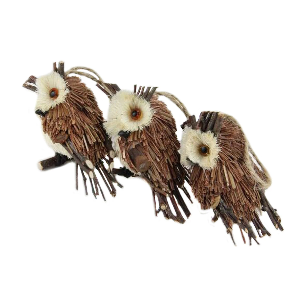 Set 3 Sisal And Twig Owl Christmas Ornaments, 3.5" - Image 3