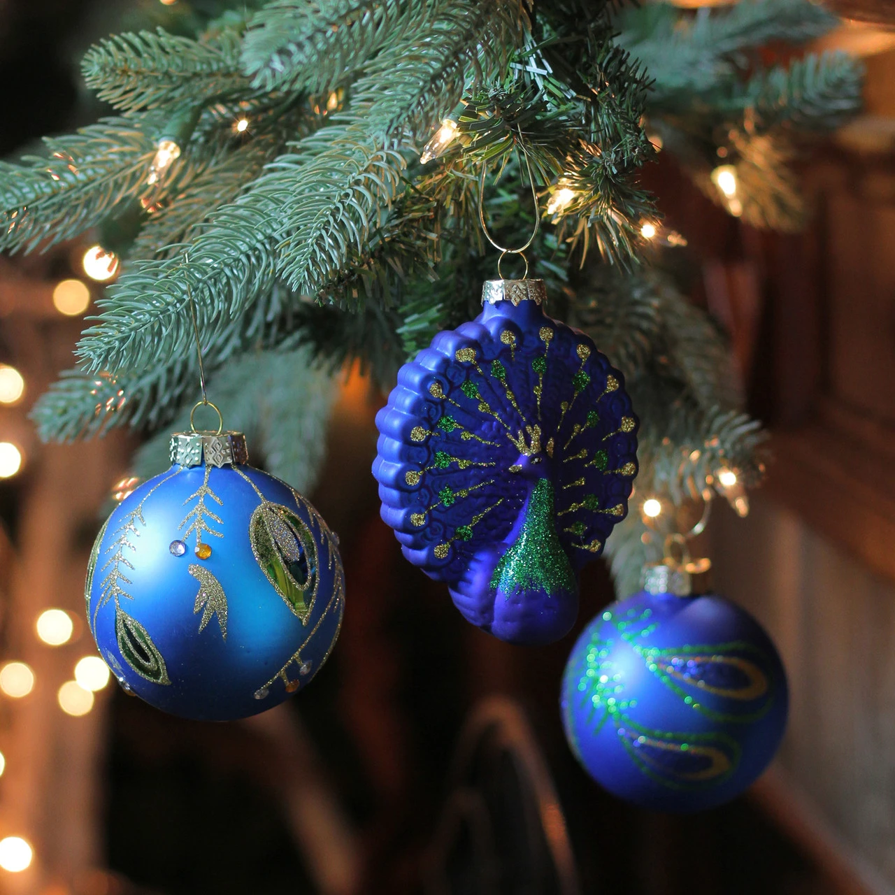 3ct Royal Blue And Green Peacock Glass Christmas Ornaments 3.75" (95mm) - Image 2