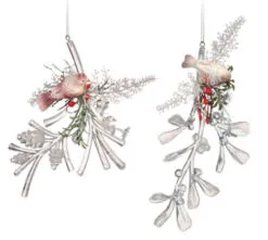 Pack Of 4 Clear Icy Crystal Decorative Christmas Bird On Branch Ornaments 6"