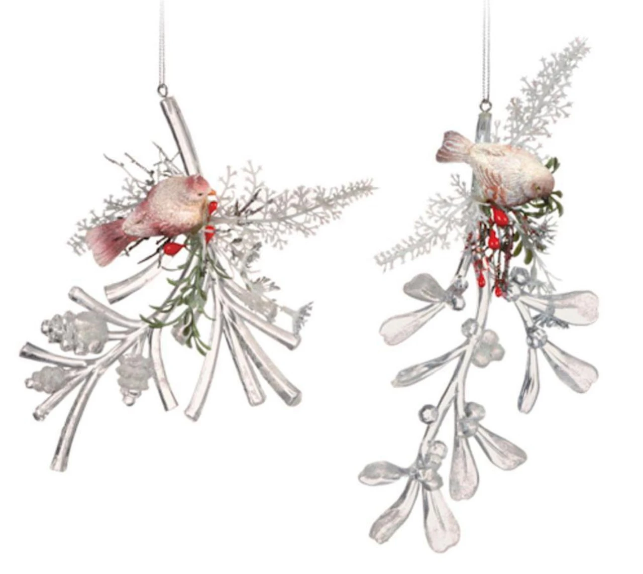 Pack Of 4 Clear Icy Crystal Decorative Christmas Bird On Branch Ornaments 6"