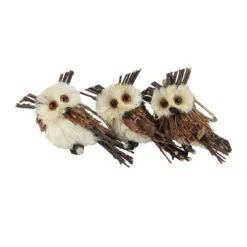 Set 3 Sisal And Twig Owl Christmas Ornaments, 3.5"