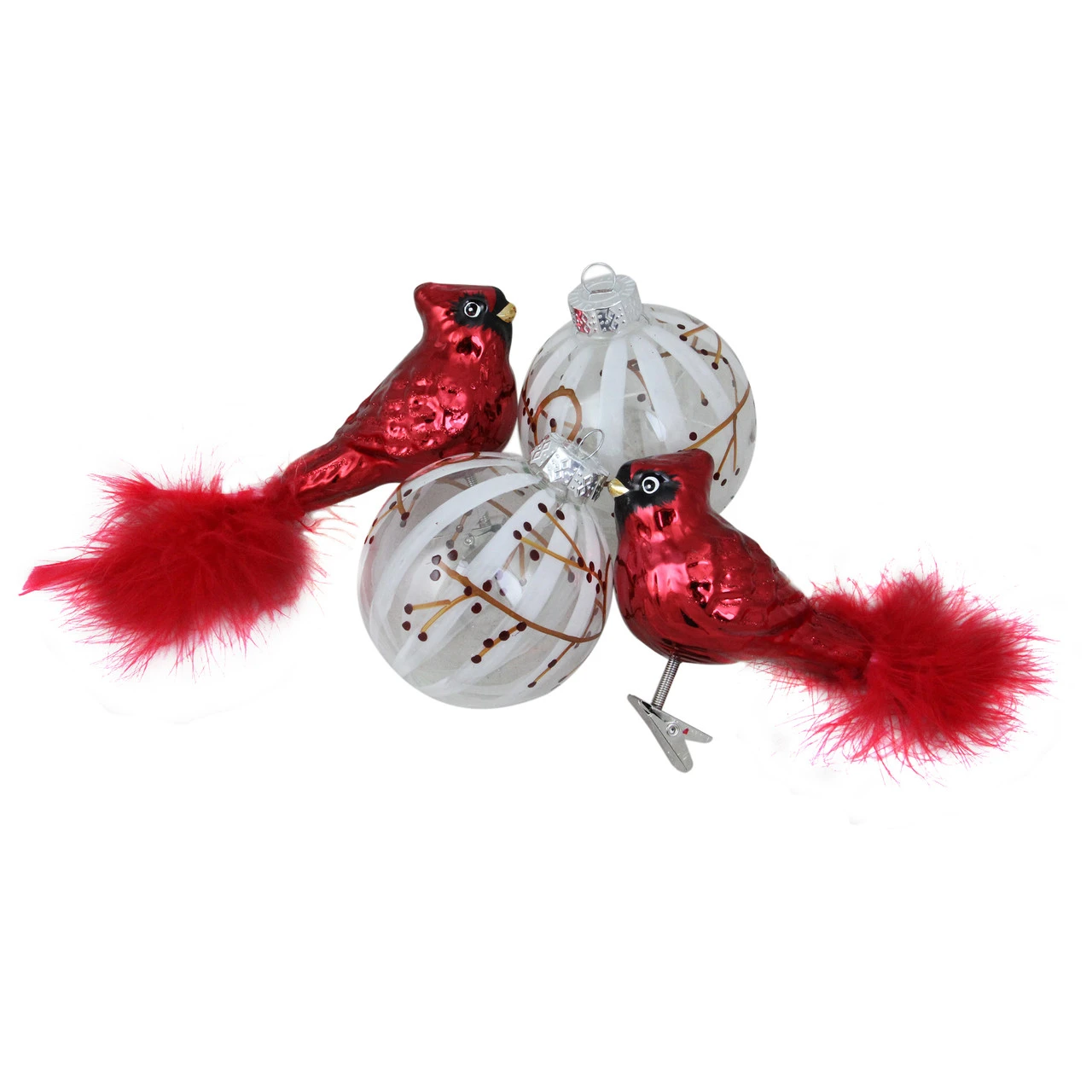 4ct Red And White Cardinal Birds Glass Finish Christmas Ball Ornaments 6.25" (155mm)