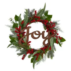 "Joy" With Berries Artificial Christmas Wreath, 24-Inch, Unlit