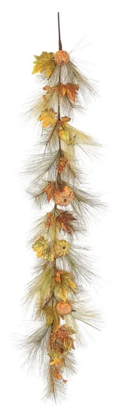 6' X 6" Pine And Fall Leaves With Pumpkins Artificial Thanksgiving Garland - Unlit