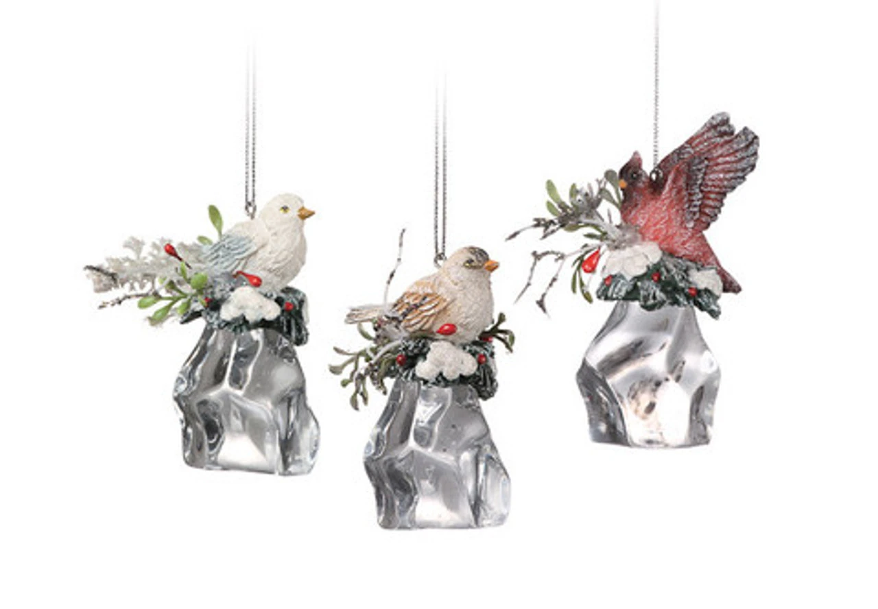 Club Pack Of 12 Clear Icy Crystal Christmas Birds On Ice Cubes Ornaments 3"